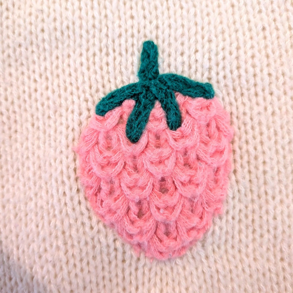 Luna Ivy Strawberry Cardigan Cream Knit Pink Applique V-Neck Sweater CA9525 L - Picture 4 of 8